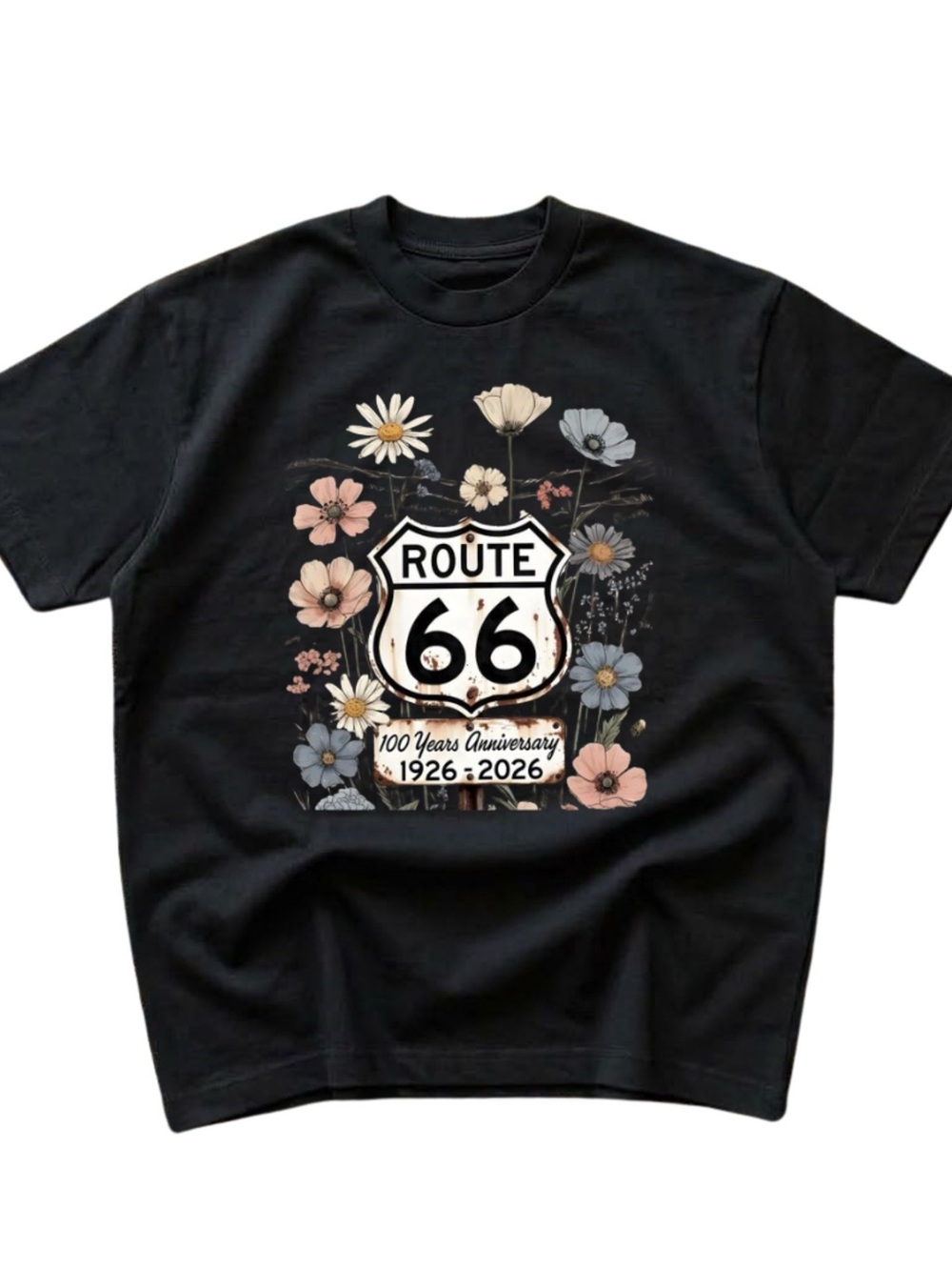 Gildan Black Route 66 Floral Graphic Tee, Gift For Him, For Her
